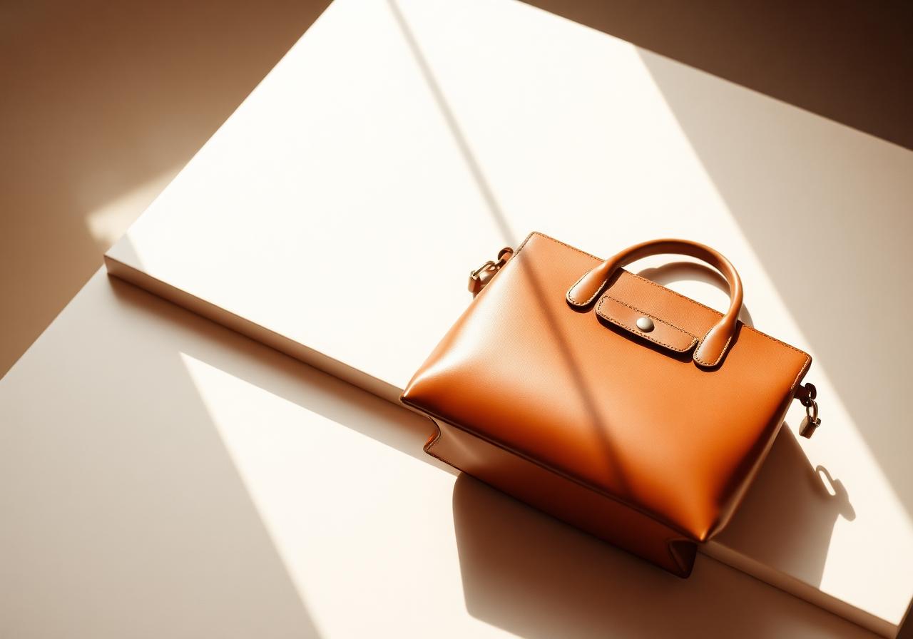 Bolsa de couro cor caramelo sobre superfície neutra